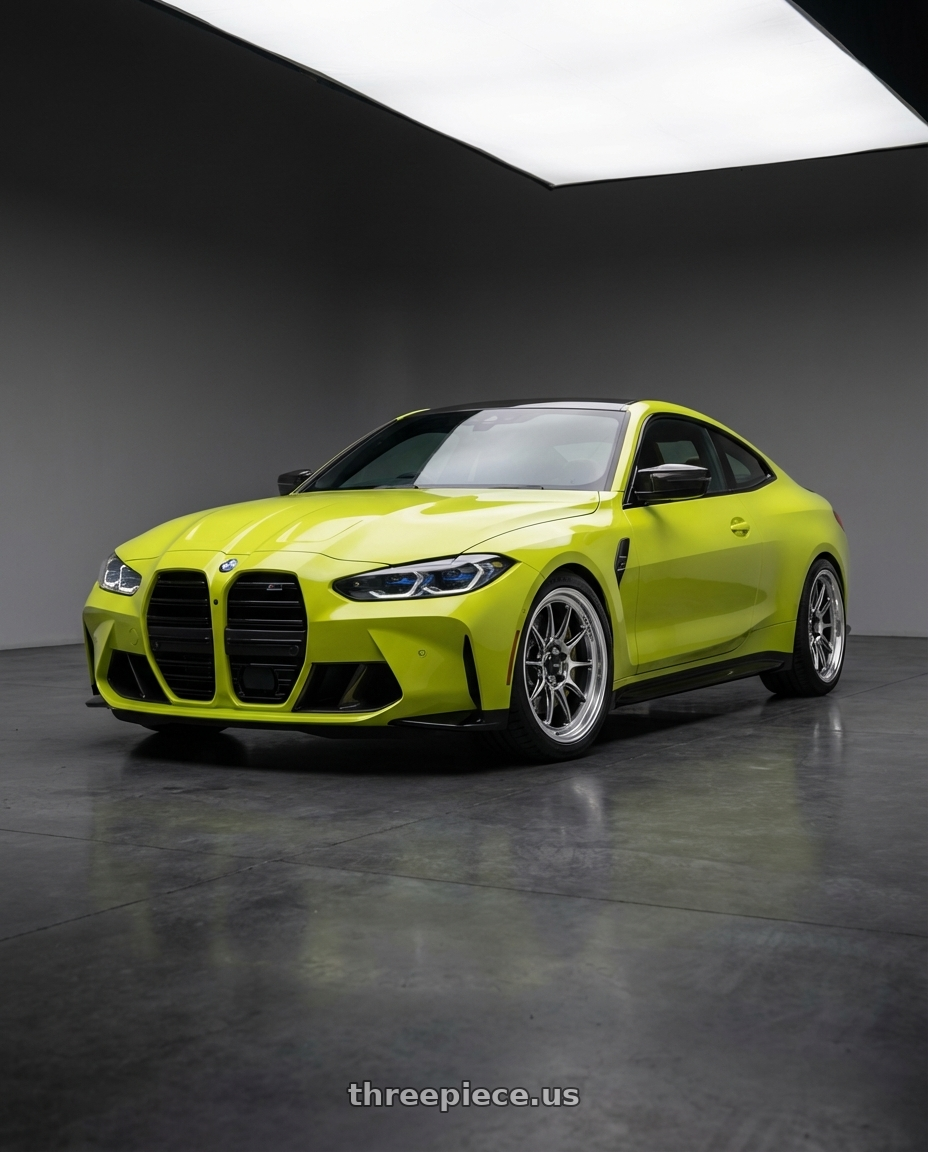 2024 BMW M4 G82 with Konig Countergram 5x112 19x11+40 Hyper Chrome / Machined Lip wheels front three quarter view lowered stance