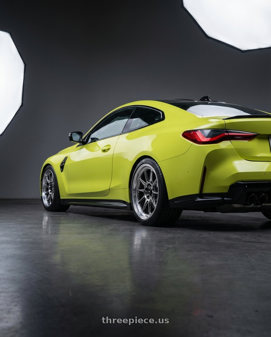 2024 BMW M4 G82 with Konig Countergram 5x112 19x11+40 Hyper Chrome / Machined Lip wheels rear three quarter view square tires