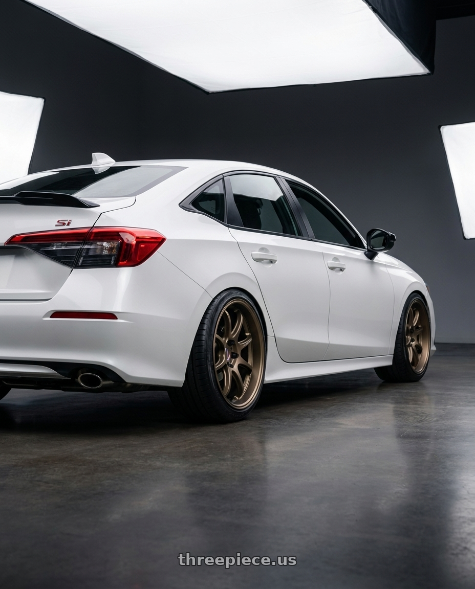 2026 Honda Civic Si with Work Emotion D9r 5x100 18x8.5 +32 Matte Bronze wheels rear three quarter view slight stretch tires