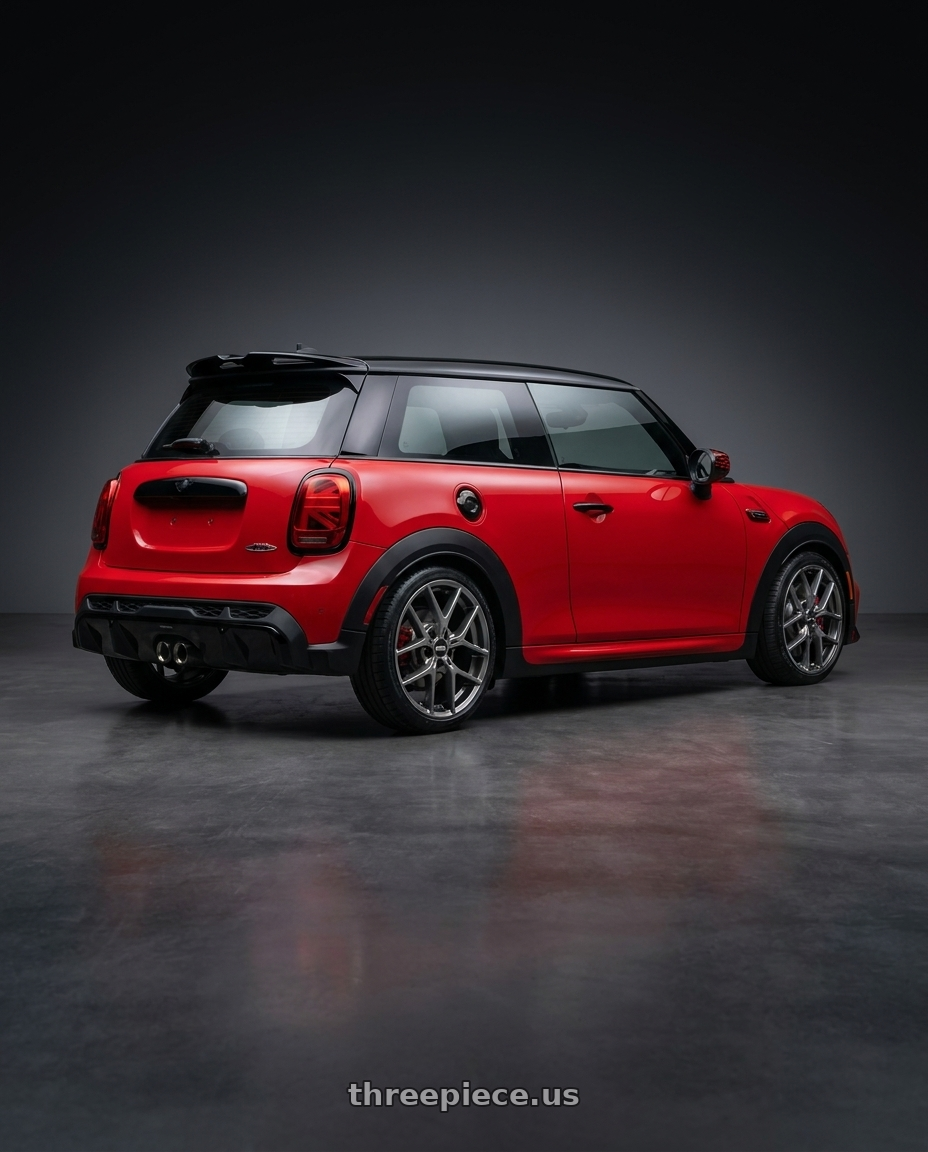 2025 mini jcw red with BBS XR 5x112 18x8.0+28 Gloss Platinum wheels rear three quarter view square tires