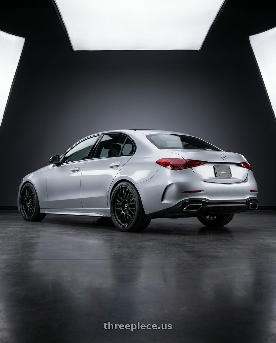 2022 Mercedes-Benz C-Class W206 with fifteen52 HOLESHOT 5x112 19x8.5 +45 ASPHALT BLACK (SATIN BLACK) wheels rear three quarter view square tires