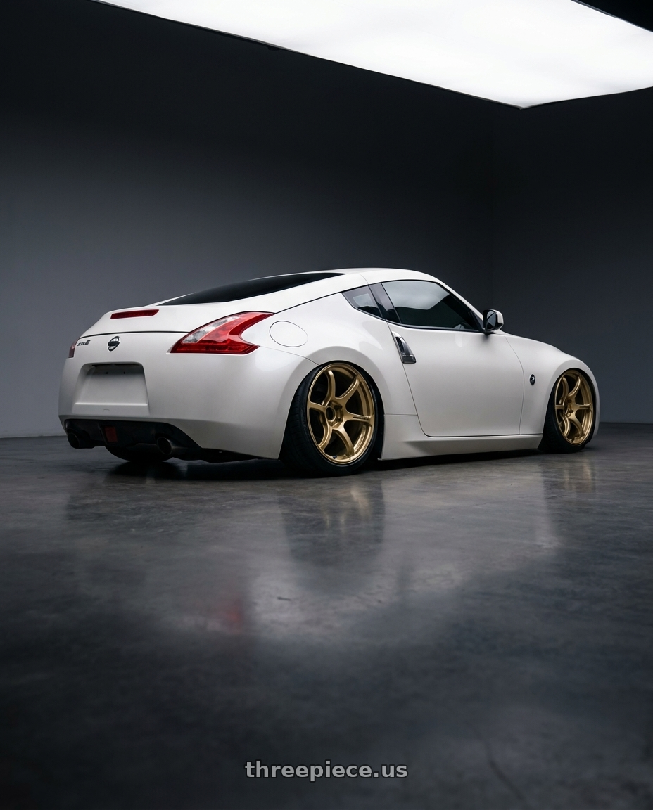 2019 Nissan 370Z with Advan RGIII 5x114.3 19x9.0+25 Gold wheels rear three quarter view slight stretch tires