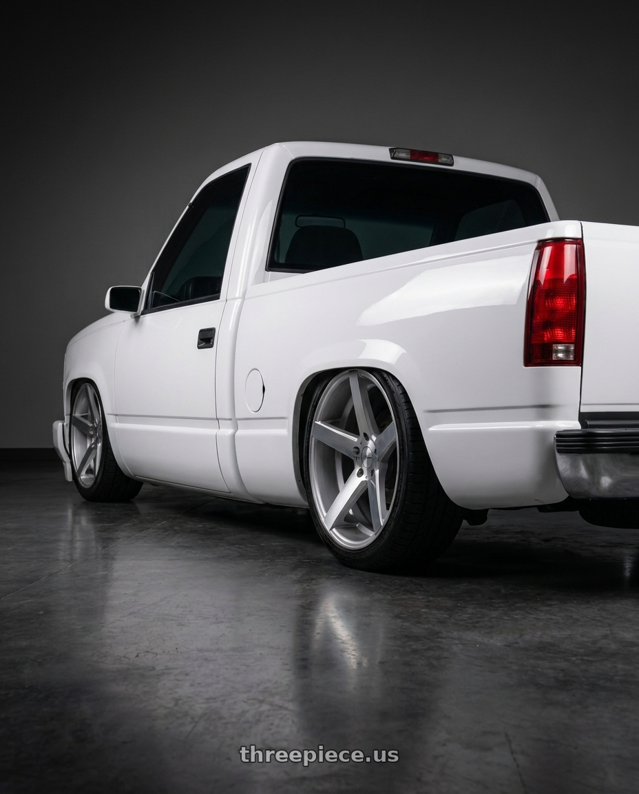 1989 chevy c1500 with RAVETTI M13 5X114.3 20x8.5 +38 SATIN BLACK MACHINED wheels rear three quarter view square tires