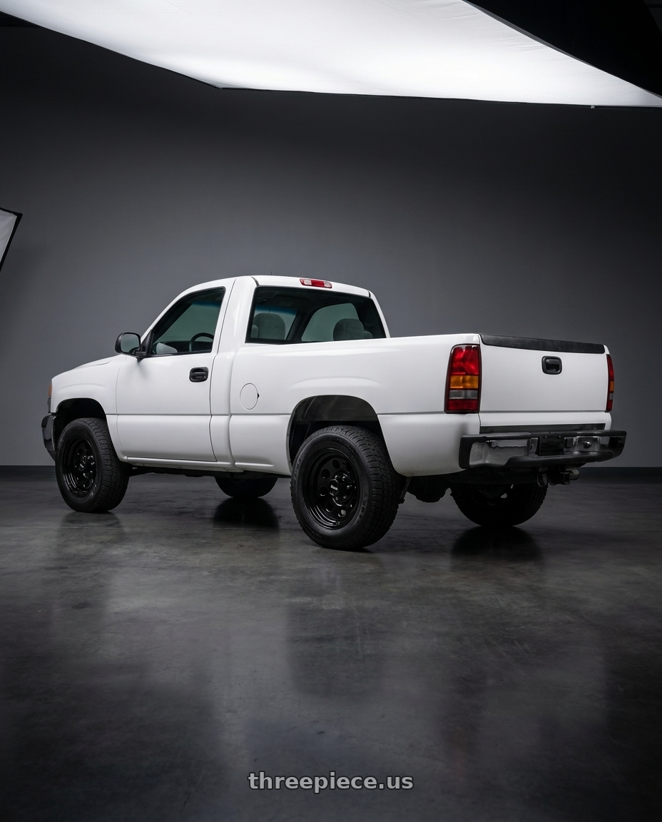 2000 gmc sierra single cab with Vision HD 85H 6x139.7 17x8-12 Gloss Black wheels rear three quarter view square tires