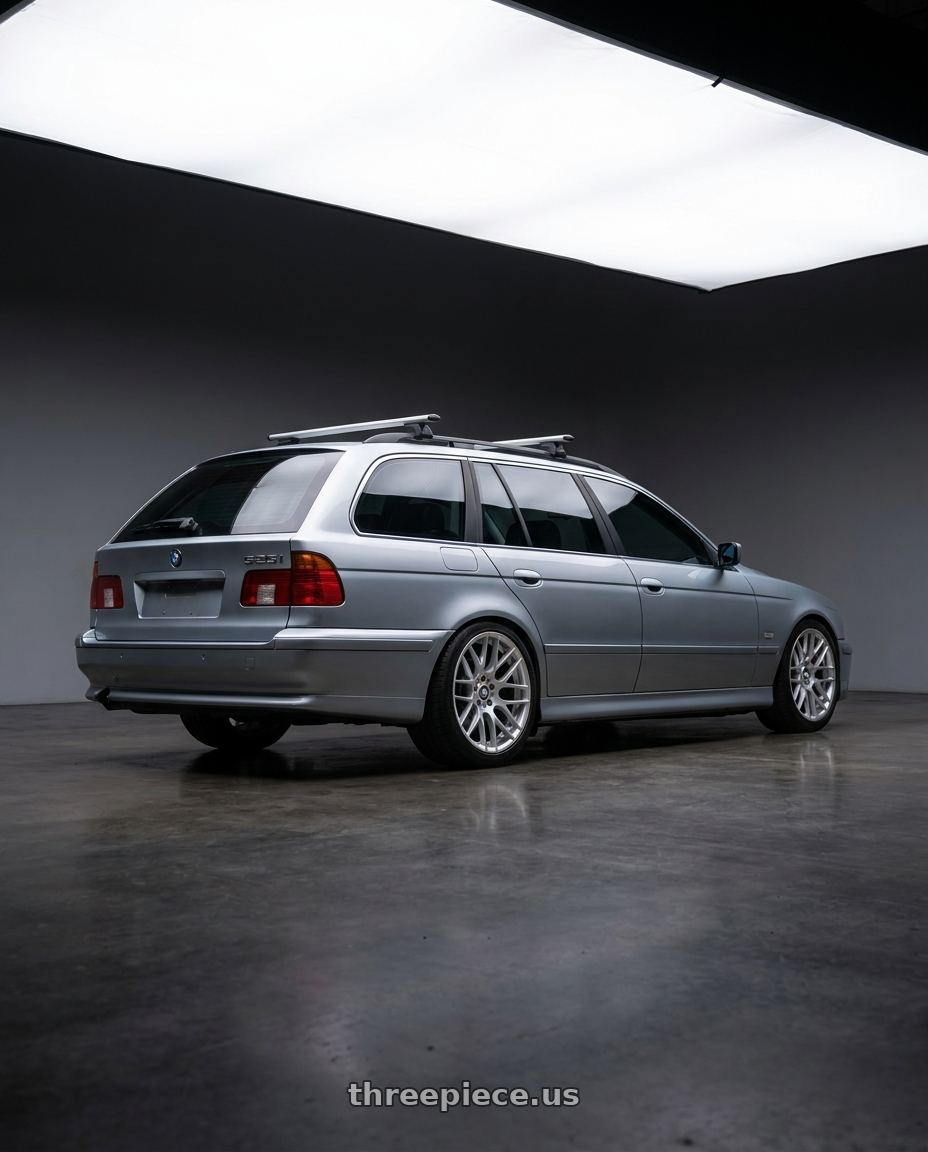 2003 BMW 525i Touring with Avant Garde Wheels M359 5X120 19x9 +18 Hyper Silver wheels rear three quarter view square tires