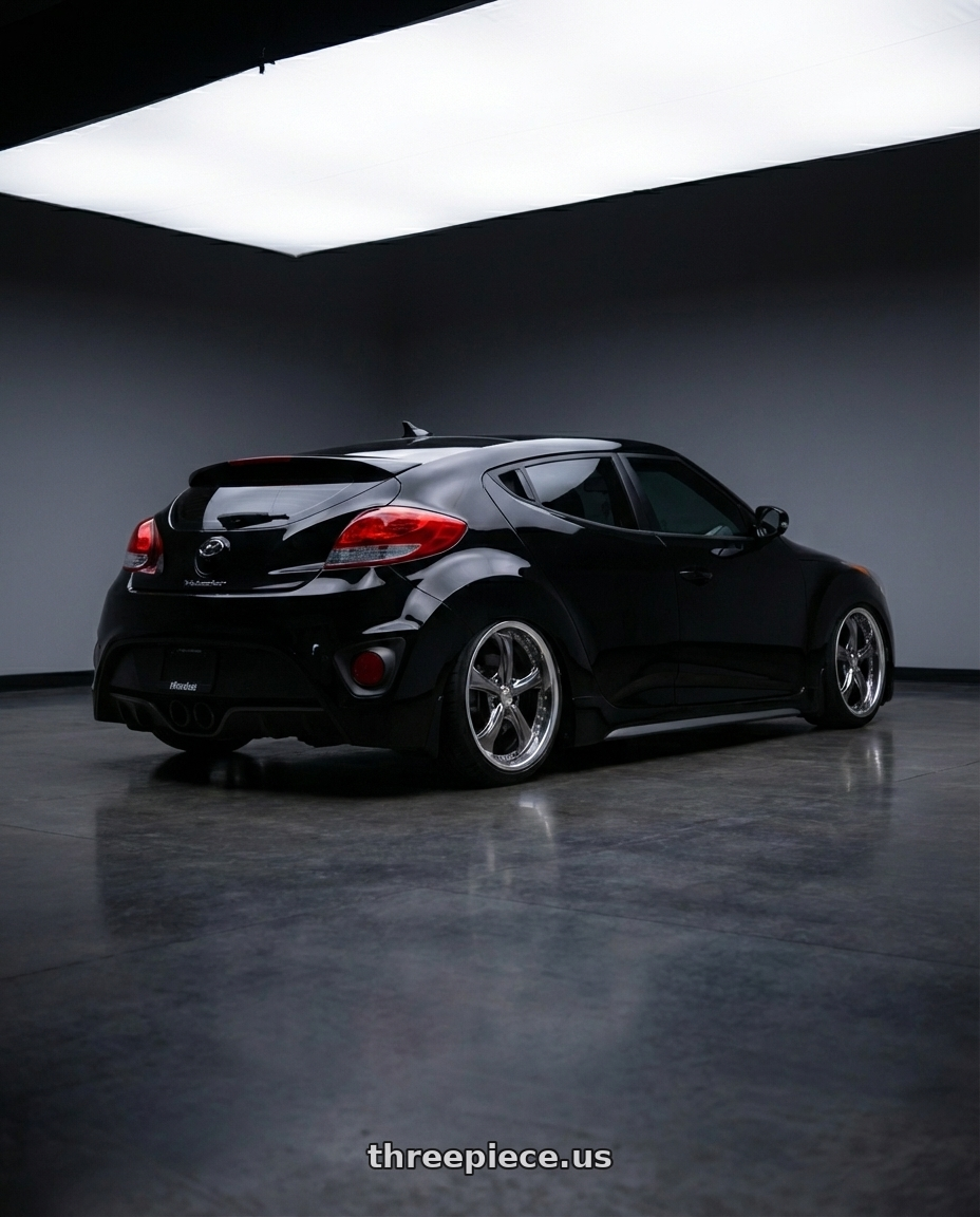 2015 Hyundai Veloster Turbo  with Work Wheels VS-KF 5X114.3 19x7.5+34 Brilliant Silver Black A Disk FULL REVERSE wheels rear three quarter view slight stretch tires