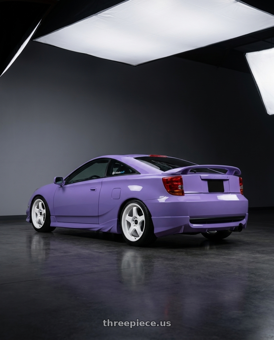 2004 Toyota Celica with Vors SP1 5x100/5x114.3 17x8  +35 All White wheels rear three quarter view square tires