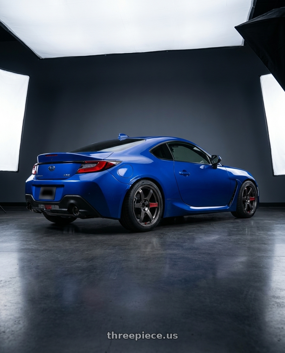 2022 Subaru Brz with Volk Racing TE37 Saga SL 5x100 18x9.5+45 Pressed Graphite wheels rear three quarter view square tires