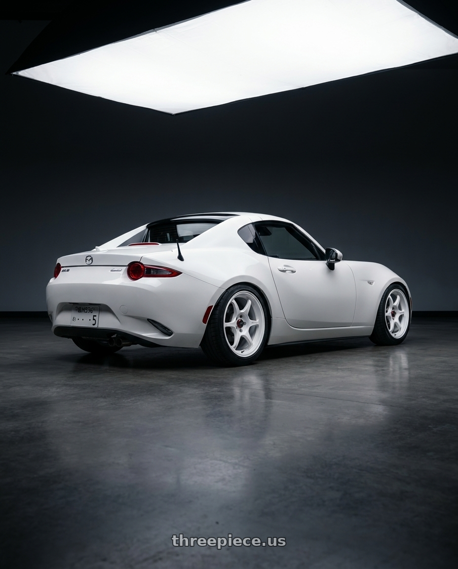 2025 MAZDA MX5 ND RF BY ITS DENNY.NINES with Enkei PF06 5x114.3 17x9+45 White Machined wheels rear three quarter view slight stretch tires