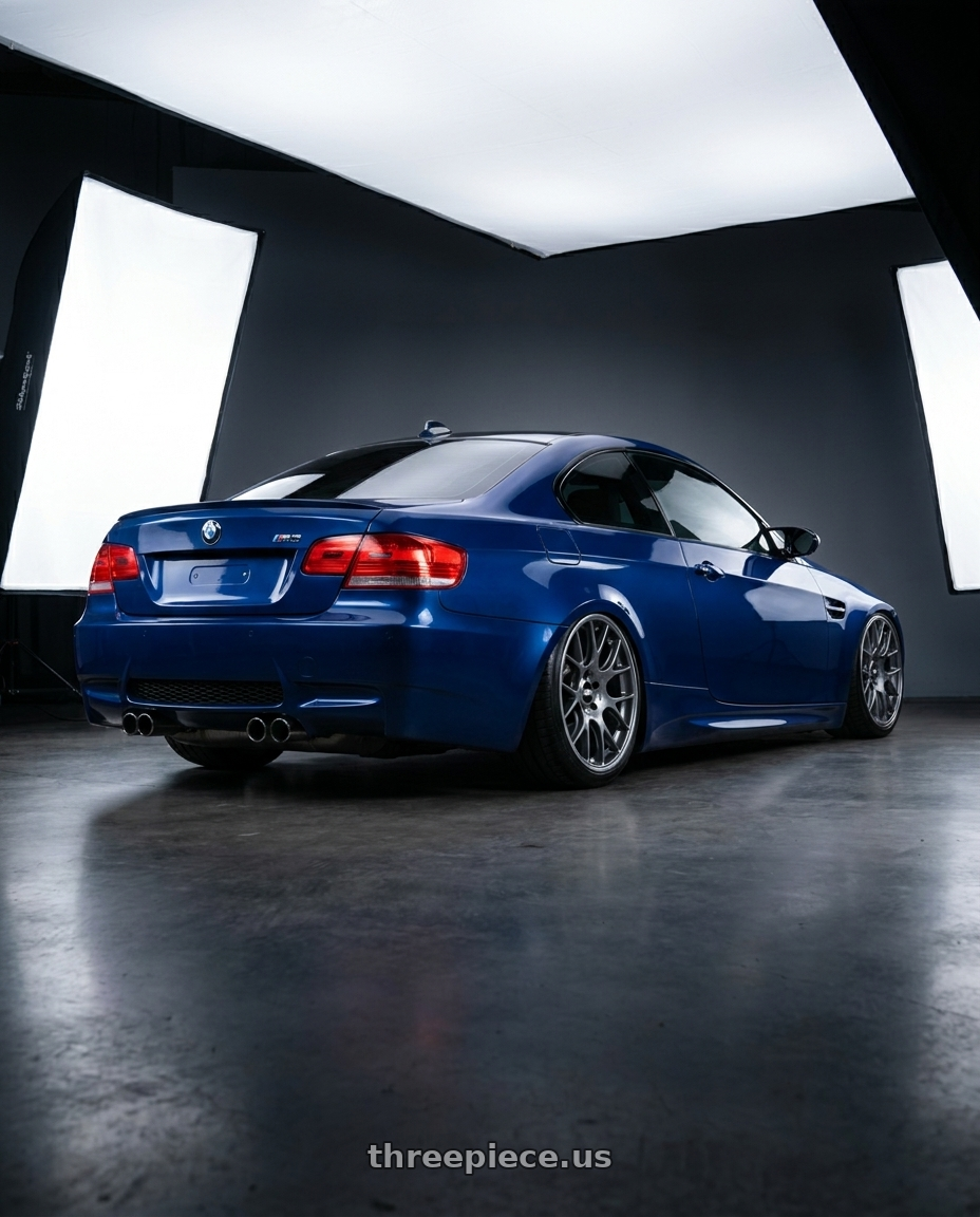 2008 Bmw e92 m3 coup with BBS CH-R 5x114.3 20x8.5 +38 Satin Titanium Polished Rim Protector wheels rear three quarter view slight stretch tires
