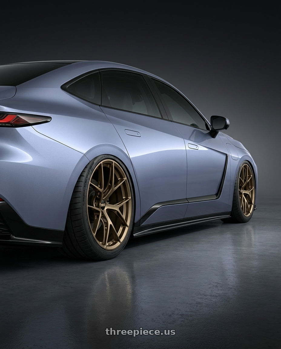 2026 Lexus ES500e with BBS FI-R CL 20x9.0+52 Matte Bronze wheels rear three quarter view square tires