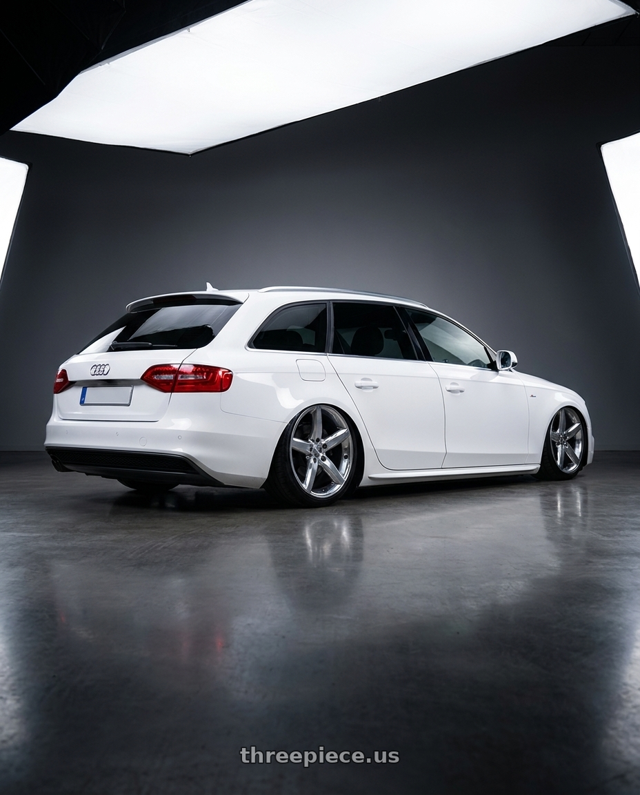 2014 Audi A4 white with OE Wheels CV22C 5x120.65 20x10+79 Chrome wheels rear three quarter view slight stretch tires
