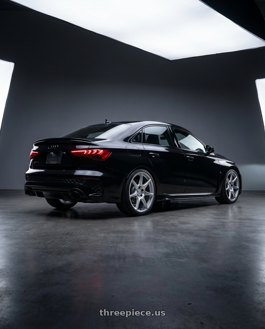 2022 Audi RS3 8Y with Kansei K11S Tandem 5X112 19x10.5 22 Hyper Silver wheels rear three quarter view square tires