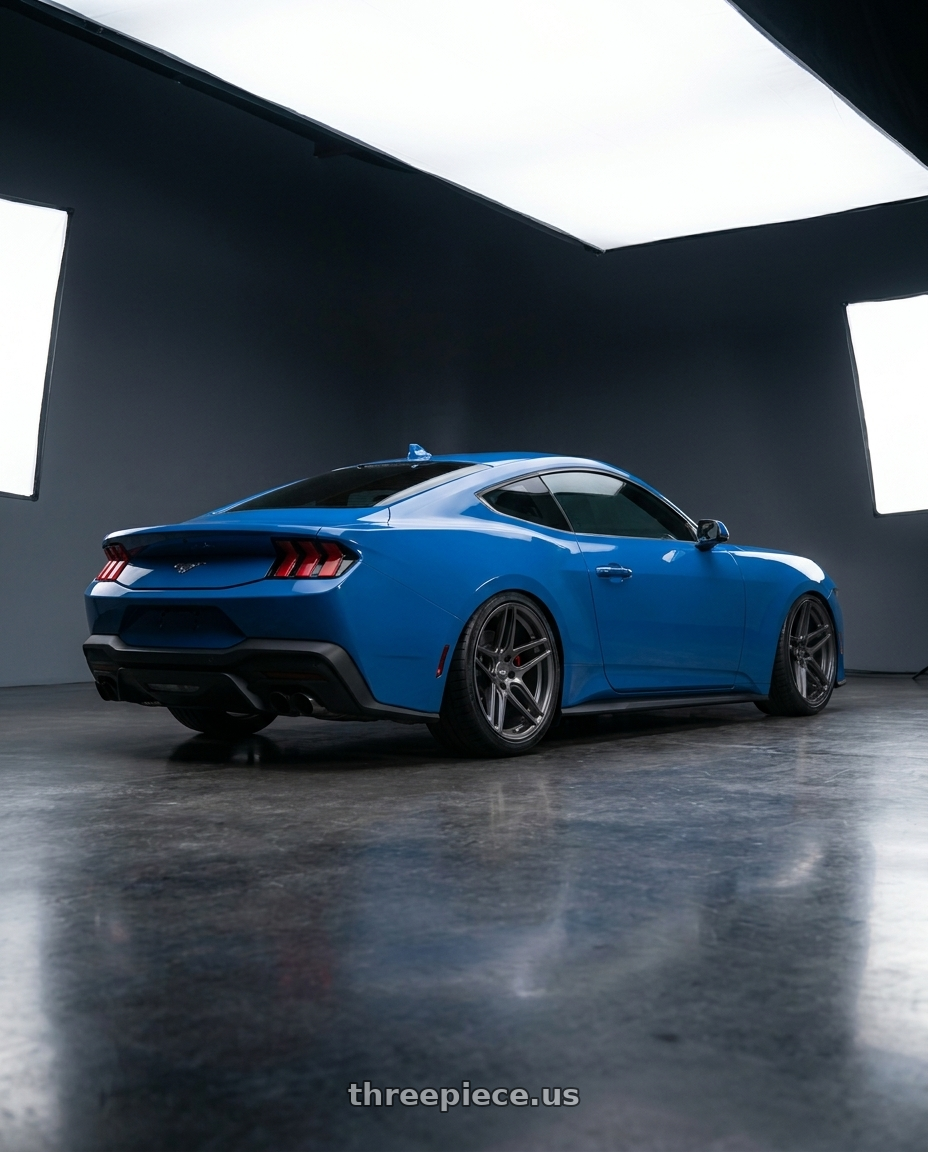 2024 ford mustang  with ESR Wheels FORGETECH SERIES RF2 5x114.3 19x8.5 +30 Gloss Graphite wheels rear three quarter view slight stretch tires
