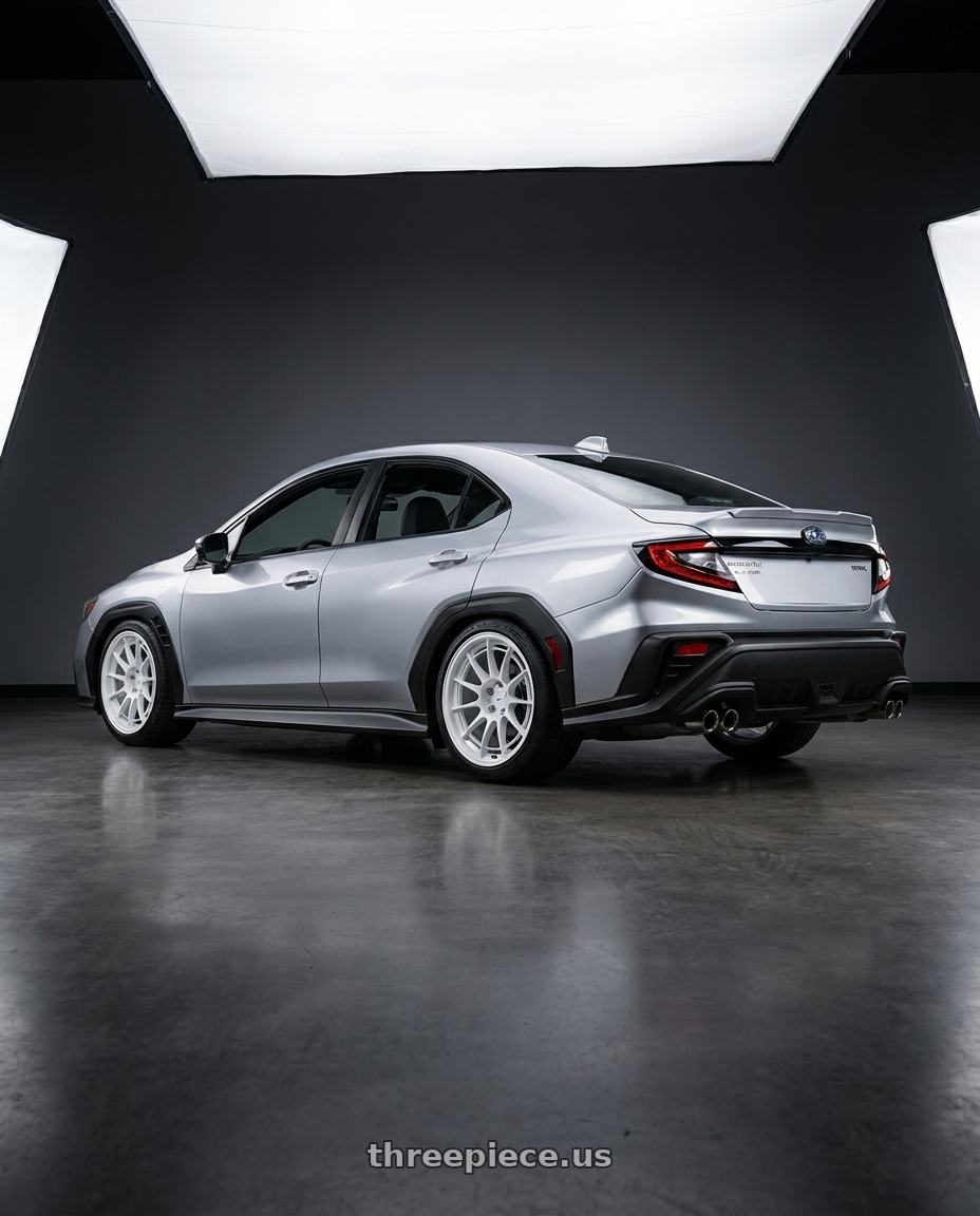 2026 Subaru, WRX Limited, Ice Sliver Metallic with Enkei NT03+M 5x114.3 18x9.5+40 Vanquish White wheels rear three quarter view square tires