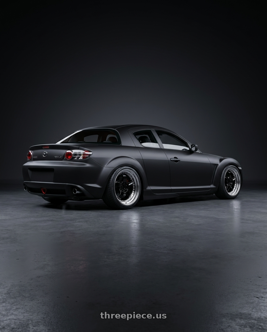 2004 mazda rx8 with Work Meister S1 3P 5x114.3 18x7.5+35 L Disk Black wheels rear three quarter view slight stretch tires