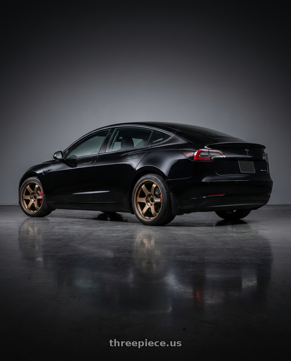 2023 Tesla model 3 performance with Volk Racing TE37 ULTRA M-SPEC 5x114.3 20x9 +37 BLAST BRONZE wheels rear three quarter view square tires