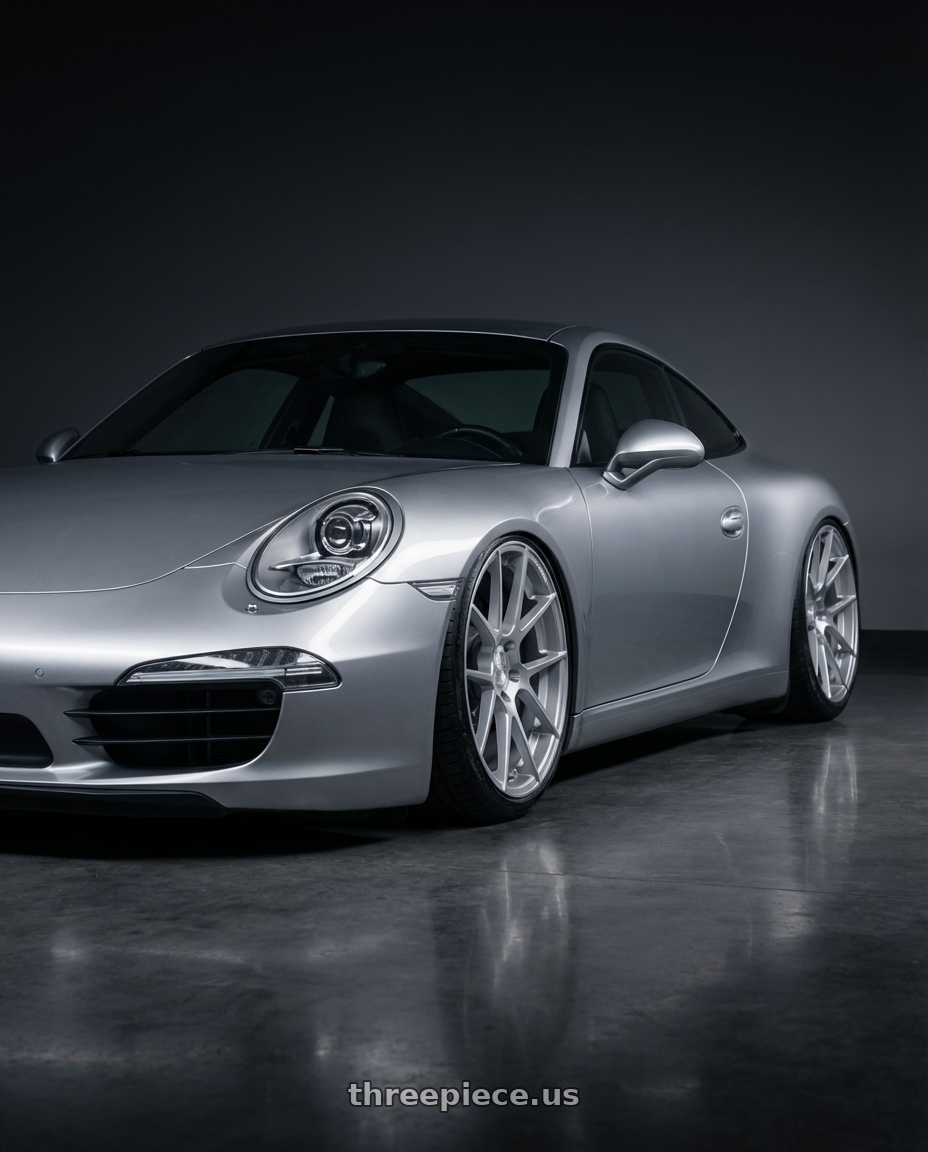 2018 Porsche 911 991 with Avant Garde Wheels M510 5X130 20x10 +40 Satin Silver wheels front three quarter view stanced stance