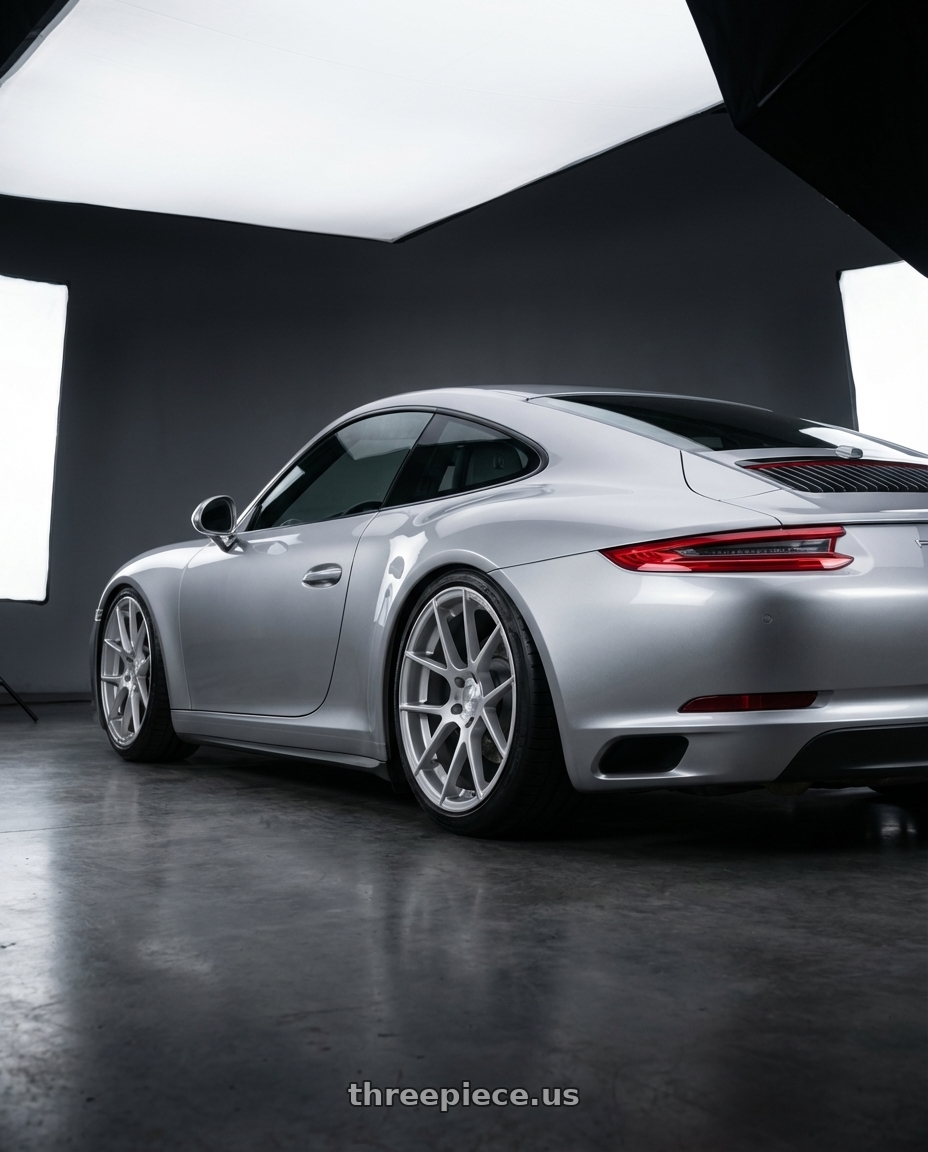 2018 Porsche 911 991 with Avant Garde Wheels M510 5X130 20x10 +40 Satin Silver wheels rear three quarter view slight stretch tires