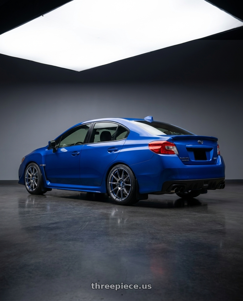 2015 Subaru sti  with WedsSport SA-99R 5x114.3 18x9.5+38 Face R / Blue Light Chrome II wheels rear three quarter view slight stretch tires