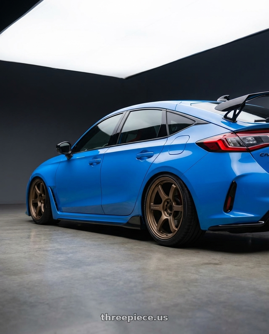 2020 Honda Civic Type R with Gram Lights 57DR 5x120 19x8.5 +45 BRONZE 2 wheels rear three quarter view slight stretch tires