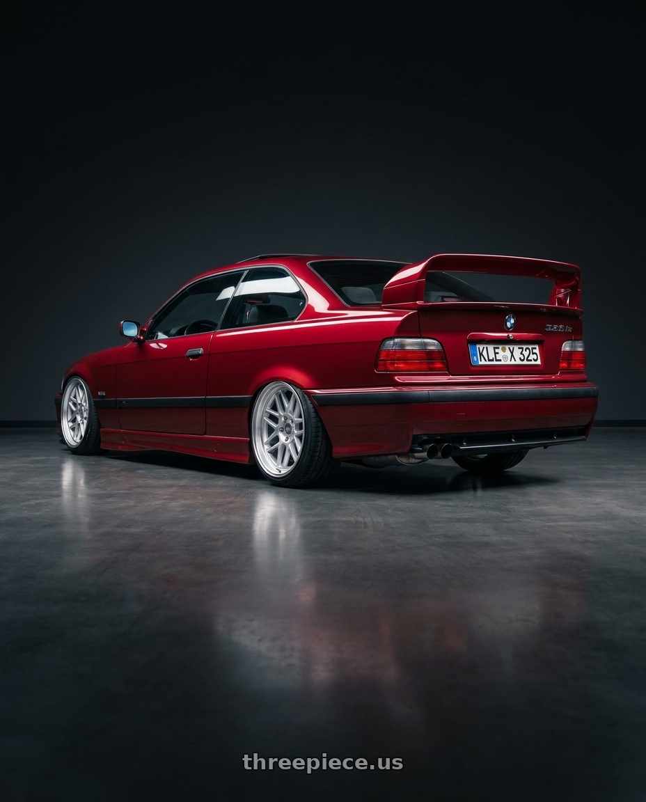 1996 BMW E36 328is with ESR Wheels CR SERIES CR01 5x100 18x9.5 +22 Hyper Silver wheels rear three quarter view slight stretch tires