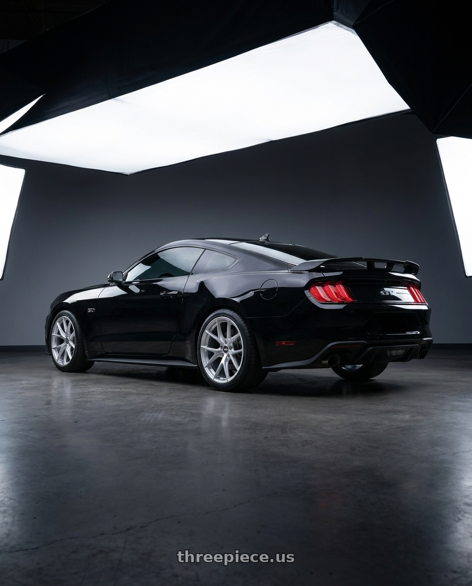 2022 ford mustang gt black with ESR Wheels FORGETECH SERIES RF2 5x100 18x8.5 +30 Hyper Silver wheels rear three quarter view square tires