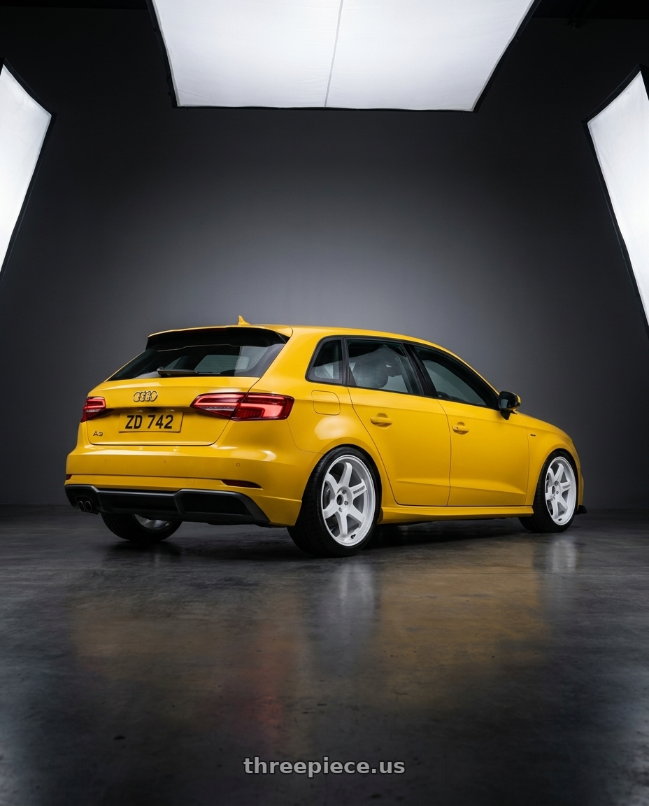 2017 audi a3  with Volk Racing TE37 ULTRA M-SPEC 5x114.3 19x10 +30 DASH WHITE (TESLA) wheels rear three quarter view slight stretch tires