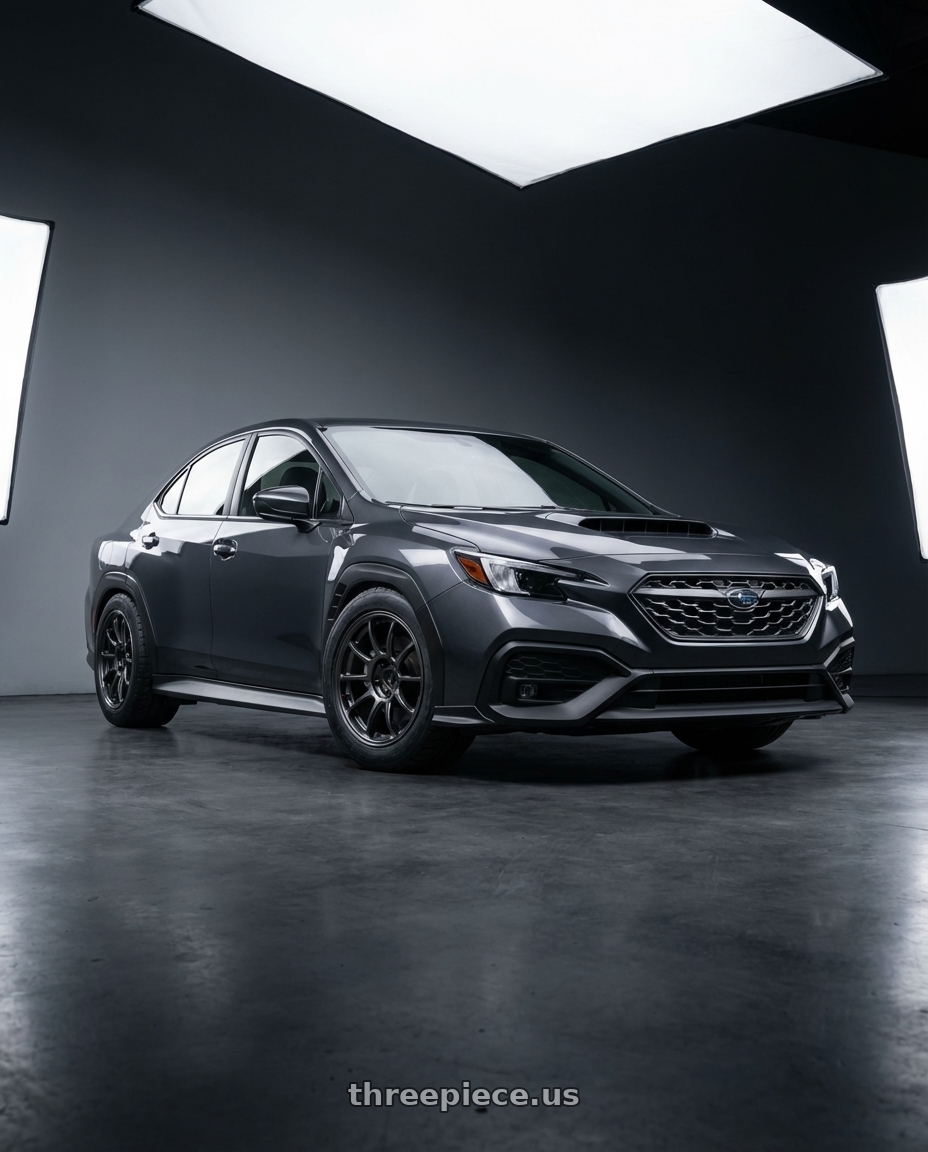 2022 Subaru Wrx Magnetite grey metallic  with Volk Racing ZE40 5x114.3 18x10.5 +24 DIAMOND DARK GUNMETAL wheels front three quarter view lowered stance