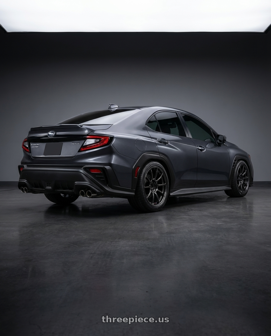 2022 Subaru Wrx Magnetite grey metallic  with Volk Racing ZE40 5x114.3 18x10.5 +24 DIAMOND DARK GUNMETAL wheels rear three quarter view meaty tires