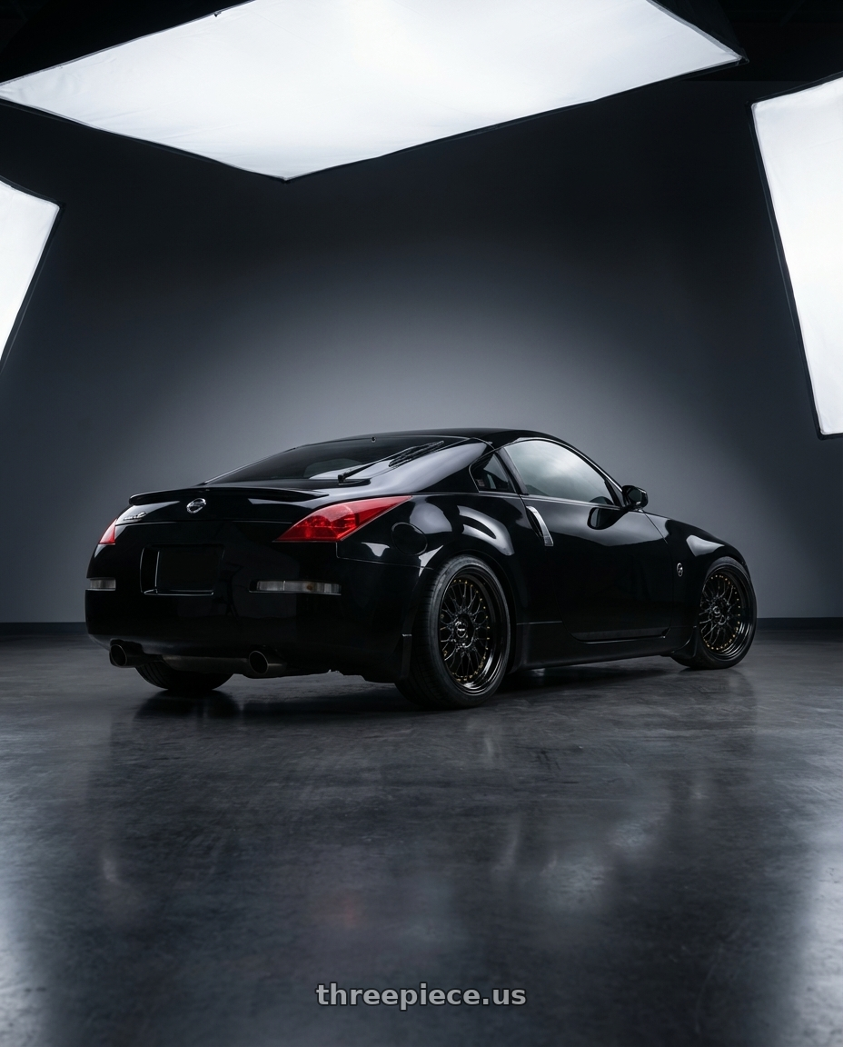 2003 nissan 350z touring black with ARC AR1 5x114.3 18x9.5  +35 All Black Gold Rivet wheels rear three quarter view square tires