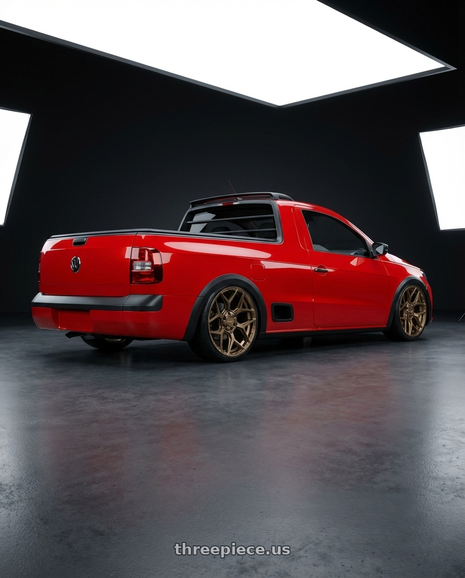 saveiro 2015 trendline red with 4PLAY 4P06 6x135/6x139.7 22x10-18 Bronze wheels rear three quarter view square tires