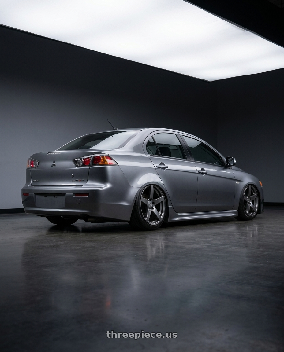 2014 Mitsubishi Lancer Ralliart with Forgestar CF5 5x114.3 18x10 +42 Gloss Anthracite wheels rear three quarter view slight stretch tires