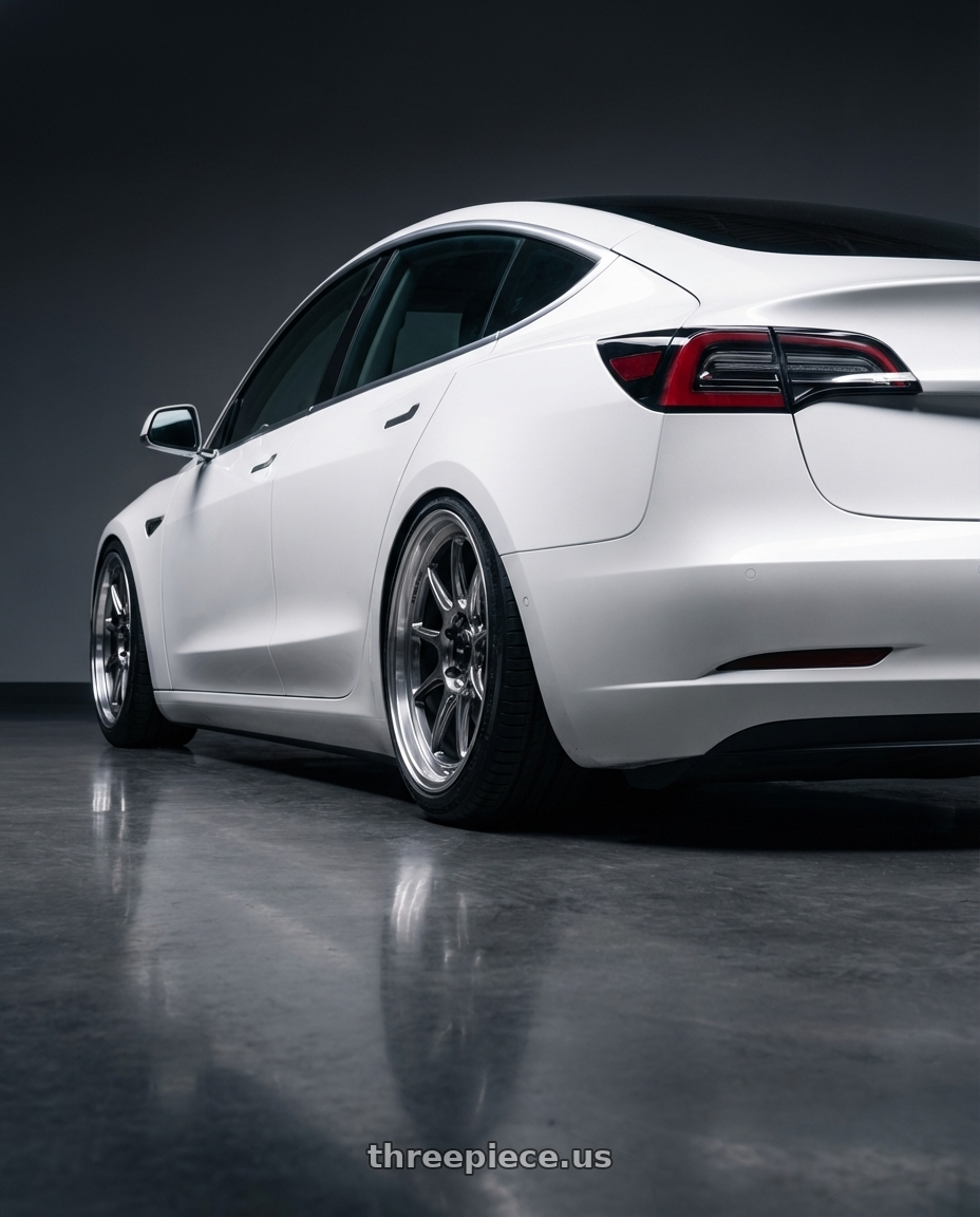 2023 Tesla Model 3 with Konig Countergram 5x114.3 19x11+18 Hyper Chrome / Machined Lip wheels rear three quarter view slight stretch tires