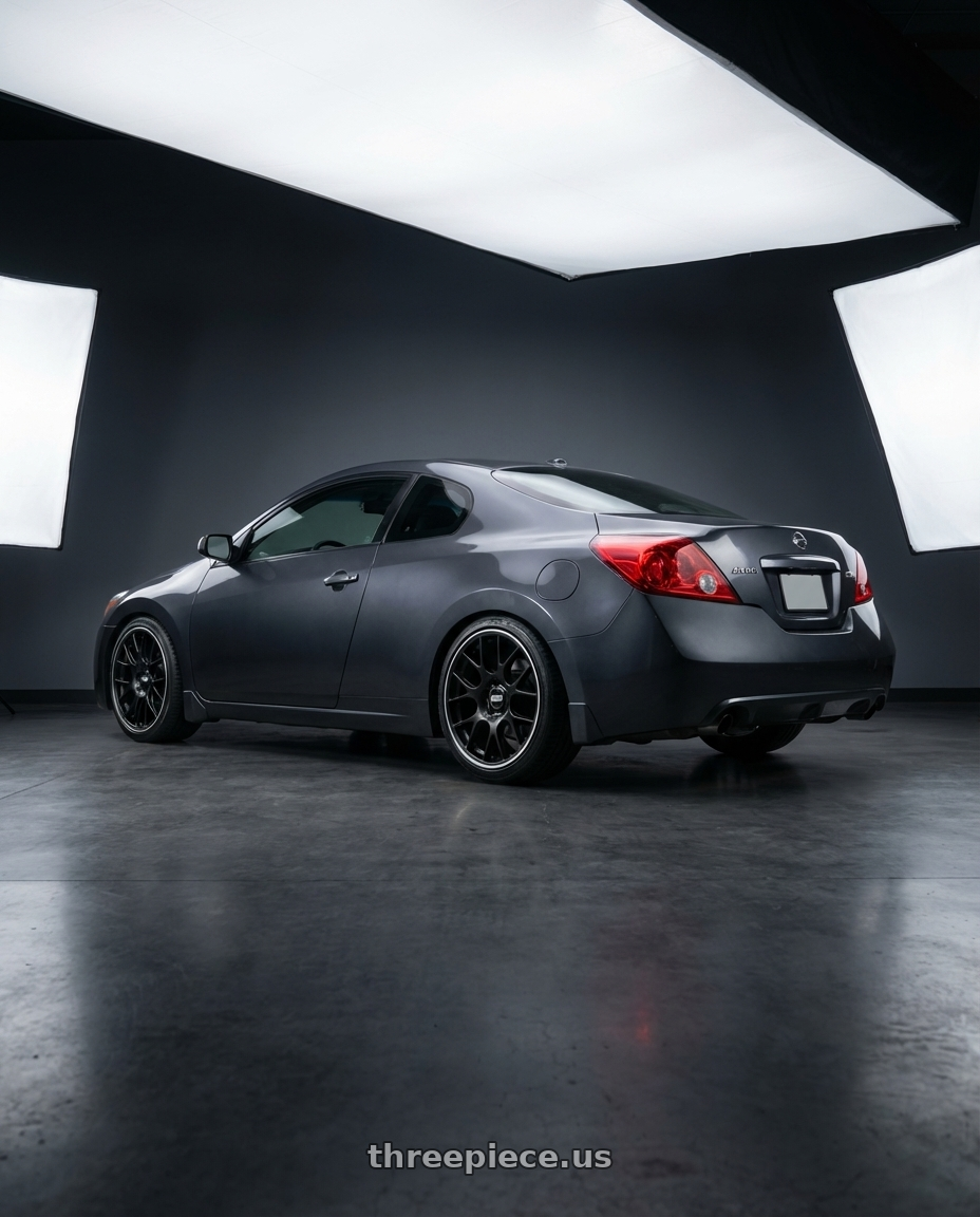 2009 nissan altima with BBS CH-R 5x130 19x12 +45 Satin Black Polished Rim Protector wheels rear three quarter view slight stretch tires