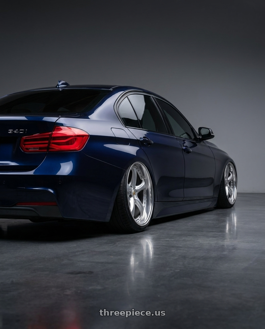 2018 BMW 340i with Work Wheels VS-KF 5x120 18x9+40 Light Grey Silver A Disk FULL REVERSE wheels rear three quarter view slight stretch tires