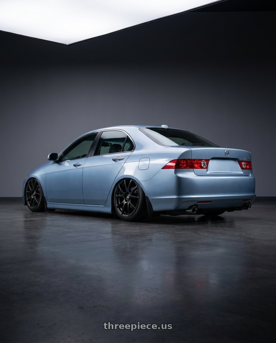 2005 Acura Tsx with Enkei M52 5x114.3 17x7.5+40 Black wheels rear three quarter view slight stretch tires