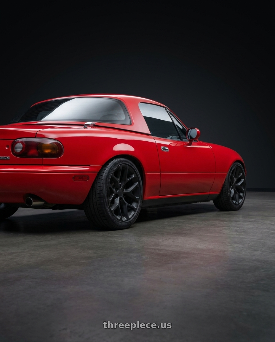 1997 Mazda Mx-5 base red with OE Performance 176 6x139.7 24x10 +24 Satin Black wheels rear three quarter view square tires