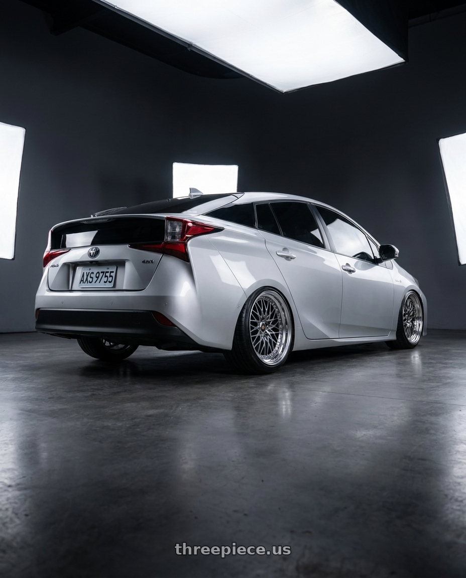 2019 Toyota Prius 4X1 with Work Vs-Xv 5x100 18x7.5+34 A Disk Brilliant Silver Black wheels rear three quarter view slight stretch tires