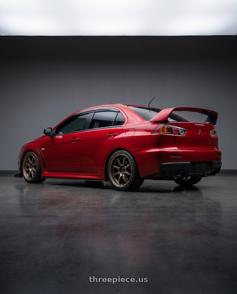 2015 Mitsubishi Lancer Evolution X with Work Emotion D9r 5x114.3 18x8.5 +32 Matte Bronze wheels rear three quarter view square tires