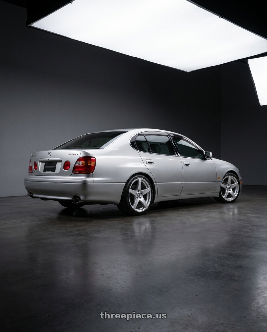 2001 Lexus gs300 with Forgestar CF5 5x114.3 19x9 +35 Gloss Silver wheels rear three quarter view square tires