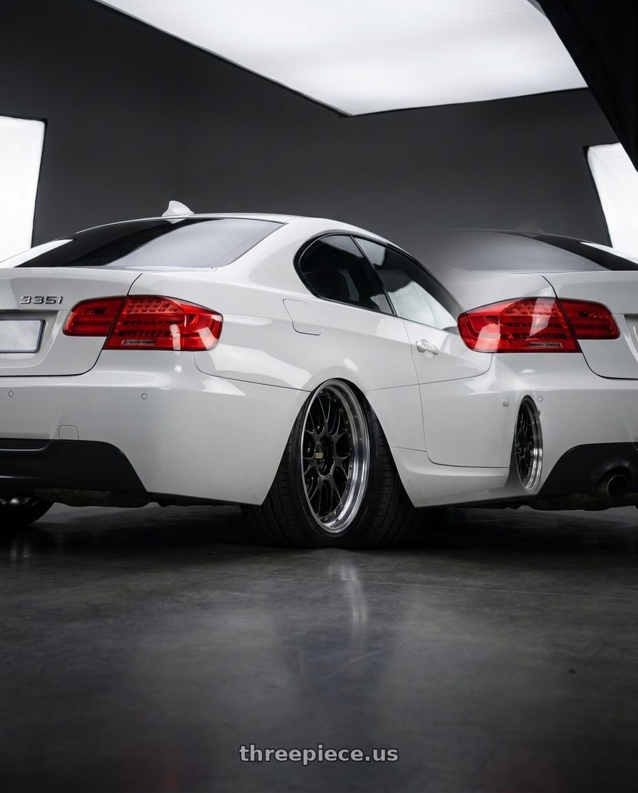 2009 Bmw e92 335i with BBS LM-R 5x120 19x9.5+35 Diamond Black wheels rear three quarter view meaty tires