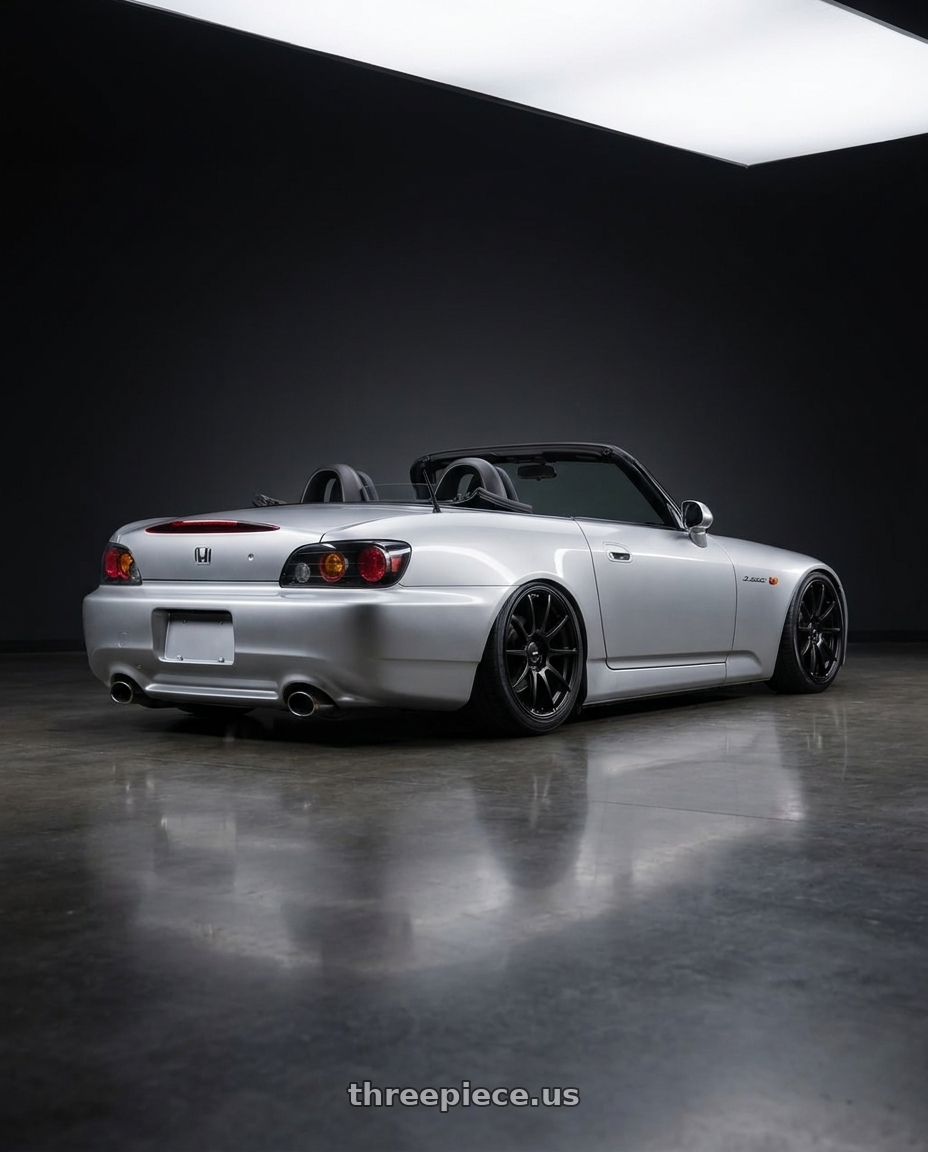 2009 Honda S2000 with Ssr Gtv02 5x114.3 18x8.5+40  FLAT BLACK wheels rear three quarter view slight stretch tires