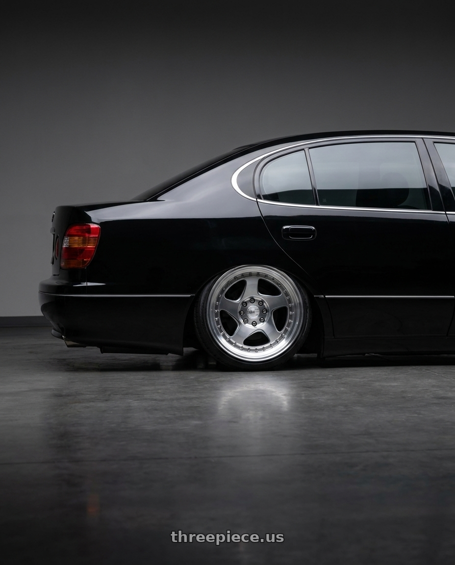 2004 Lexus GS300 with Aodhan AH01 5x114.3 18x9.5+30 Silver w/Machined Face wheels rear three quarter view slight stretch tires