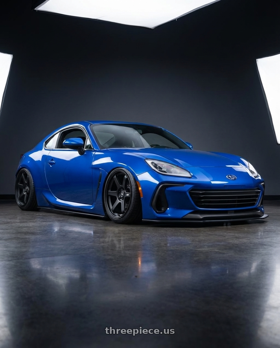 2024 Subaru BRZ with ESR Wheels APEX SERIES AP6 5x114.3 18x9.5 +22 Matte Black wheels front three quarter view stanced stance