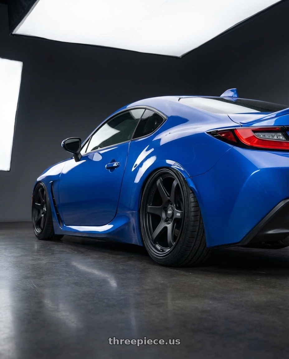 2024 Subaru BRZ with ESR Wheels APEX SERIES AP6 5x114.3 18x9.5 +22 Matte Black wheels rear three quarter view slight stretch tires