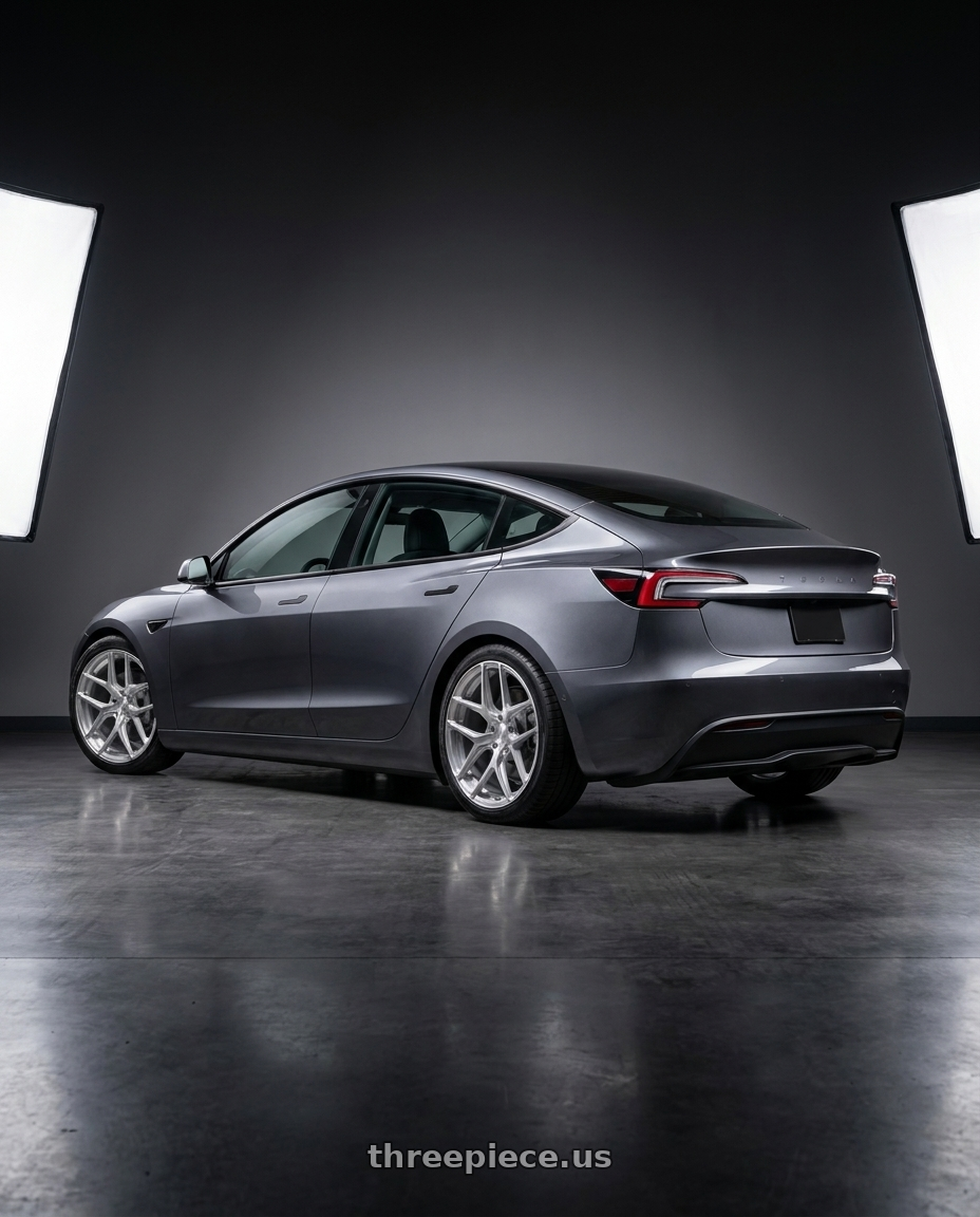 2024 Tesla Model 3 with MRR FS1 5x112 18x8.5  +25 Brushed Clear wheels rear three quarter view square tires