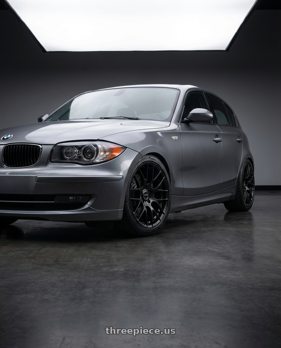 2012 BMW 1 Series E82 with Avant Garde Wheels M359 5X120 18x8.5 +35 Matte Black wheels front three quarter view lowered stance