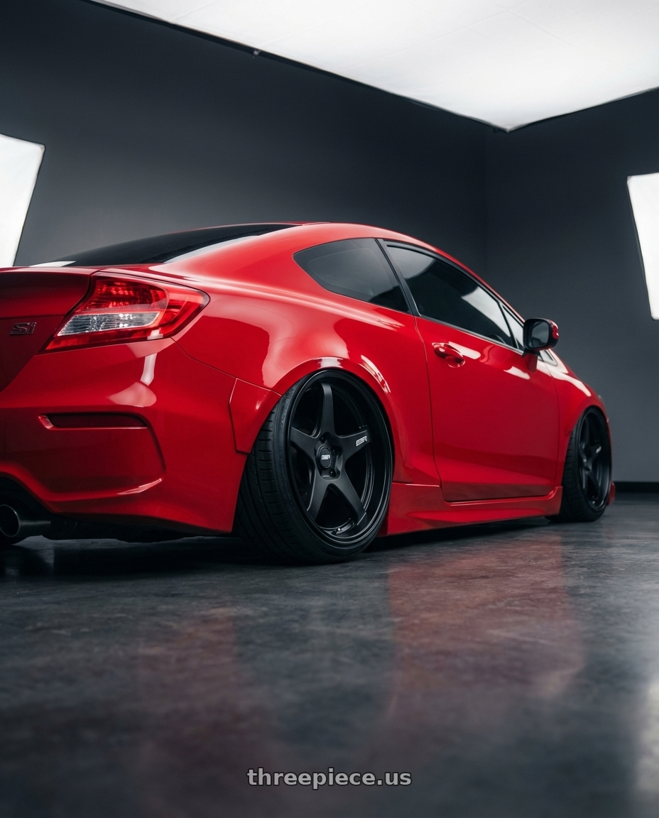 2011 Honda Civic Si with ESR Wheels APEX SERIES AP5 5x114.3 18x9.5 +22 Matte Black wheels rear three quarter view slight stretch tires