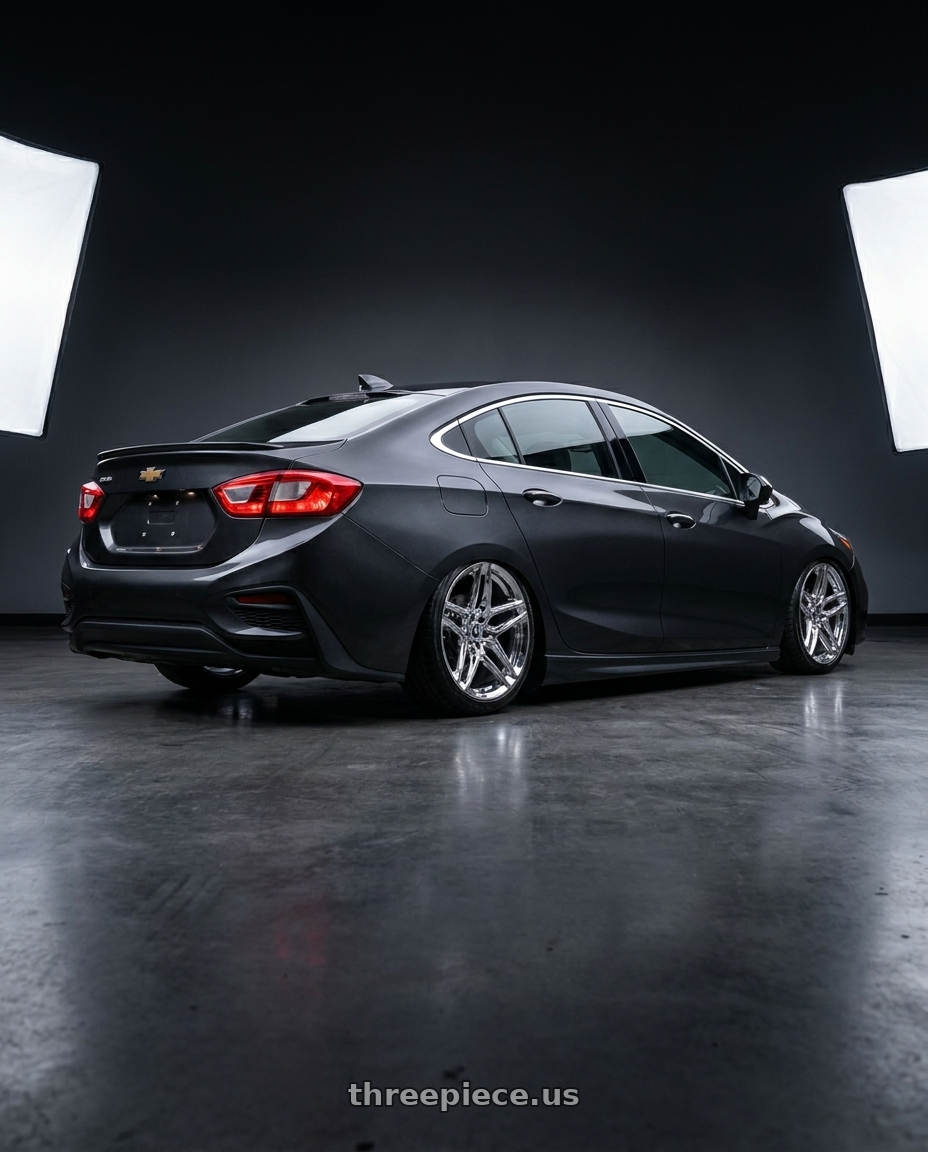 2017 Chevy Cruze  with Heritage Wheel EBISU MonoC 5x105 18x8.5+35 Chrome wheels rear three quarter view square tires